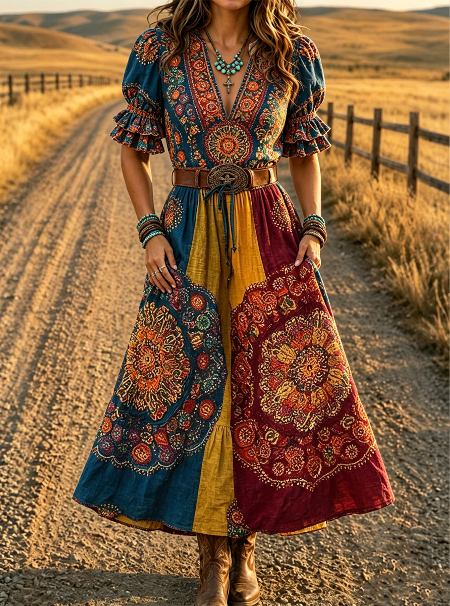 Women's Retro Art Print Washed Cotton Lace Patchwork Midi Dress